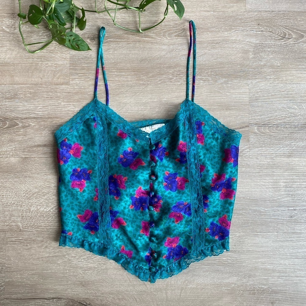 Vintage Victoria’s Secret Gold Label Teal Floral Print Lace Detail Camisole Top